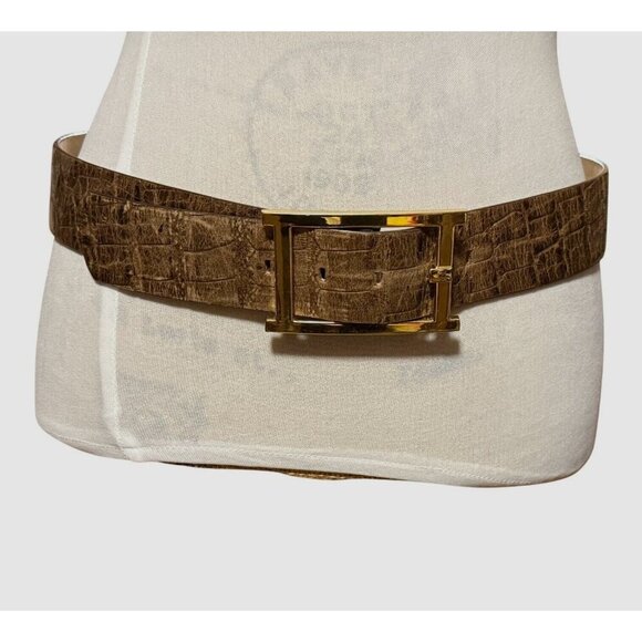 Talbots‎ Brown Leather Crocodile Embossed Belt Gold Rectangle Buckle Size Medium - Picture 2 of 16